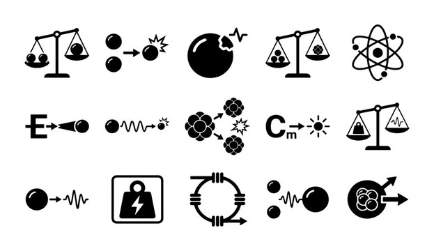 Quantum physics icons set, 15 black science vector symbols, nuclear energy and atomic research graphics for education