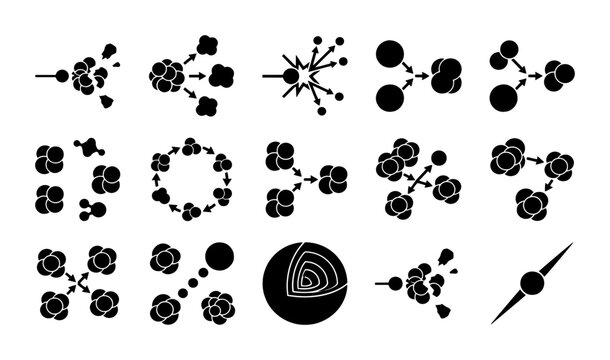 Nuclear physics icons set, atomic fission and fusion reaction symbols, 15 black vector diagrams for science education