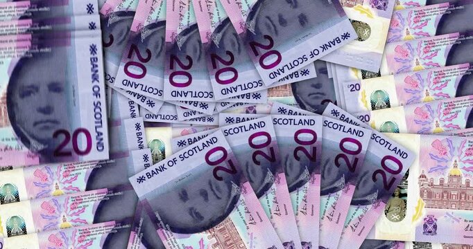 Scotland pound sterling Scottish money banknotes in a cash fan mosaic pattern loop. Scotch 20 GBP notes. Abstract concept of bank, finance, economy seamless and looped design background.