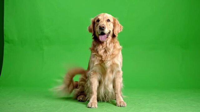 Low-angle shots of golden retriever sitting on green screen