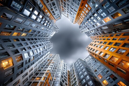 Modern skyscrapers reaching for a cloudy sky