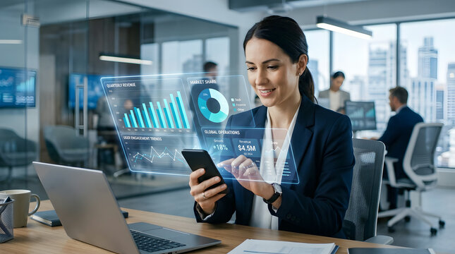 Professional Woman Reviewing Financial Data on Phone