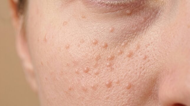 Close up of multiple syringomas or milia small benign skin tumors under the eye area of a female patient.