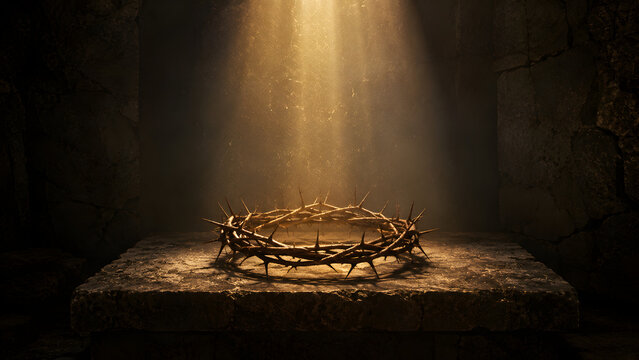 A crown of thorns resting on a stone altar in a dark, cavernous space illuminated by a divine shaft of golden light from above