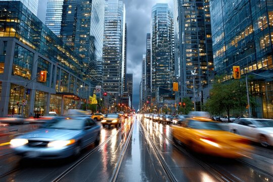 Rainy City Street with Fast Moving Traffic at Dusk