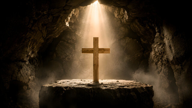 A wooden christian cross standing on a stone altar inside a dark cave with a beam of light shining down from an opening above