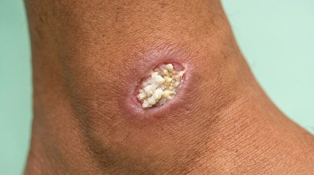 Severe exuding skin ulcer with yellowish purulent discharge on ankle
