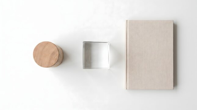 Aesthetic flat lay composition of diverse abstract geometric objects and architectural shapes resting on a clean minimalist studio desk.
