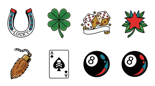 Lucky Charms Collection: Horseshoe, Clover, Dice, Ace, 8-Ball, Star Isolated