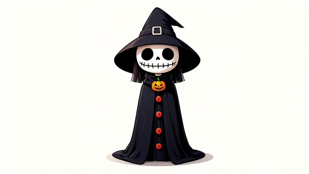 Cute cartoon skeleton witch character in black robe isolated on white background