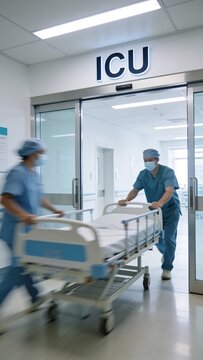 Generative AI depicts a modern ICU entrance with medical professionals preparing a patient bed