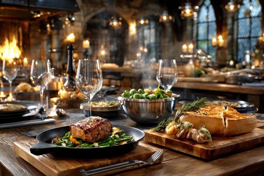 Medieval feast with roasted meat and vegetables