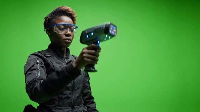 Low-angle shots of person using handheld device in green studio