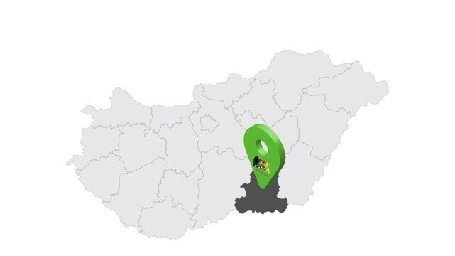 Location Csongrad-Csanad County on map Hungary. 3d Csongrad-Csanad emblem map marker location pin. Map of Hungary showing different parts. 4K.  Animated Video