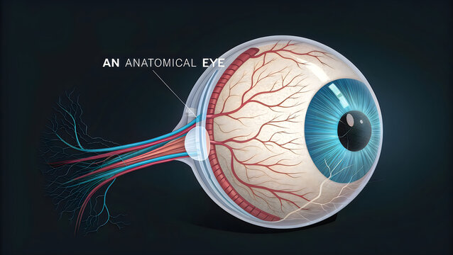 Anatomical diagram of the human eye showing internal structures and optic nerve