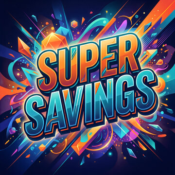 Colorful retro style super savings text with explosion effects and cosmic background