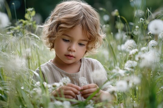 Child explores dandelions in a lush green field during a sunny afternoon in springtime