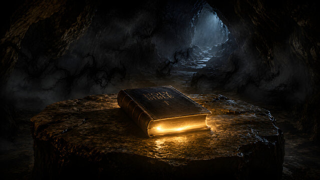 A glowing holy bible resting on a stone altar inside a dark, mysterious cave, symbolizing the light of truth and divine revelation