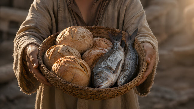 A person holding a woven basket containing five loaves of bread and two fish, biblical miracle representation