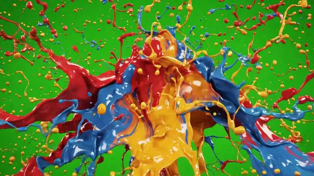 Low-angle splashes of red, yellow, and blue paint on green