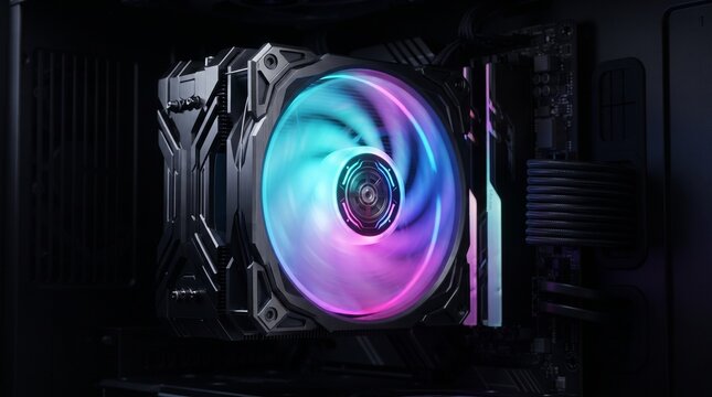 RGB CPU cooler fan with colorful lighting inside gaming computer case