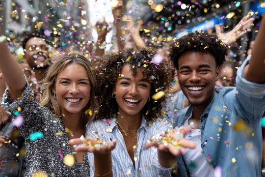 Friends celebrating together with confetti at a street party during a sunny day