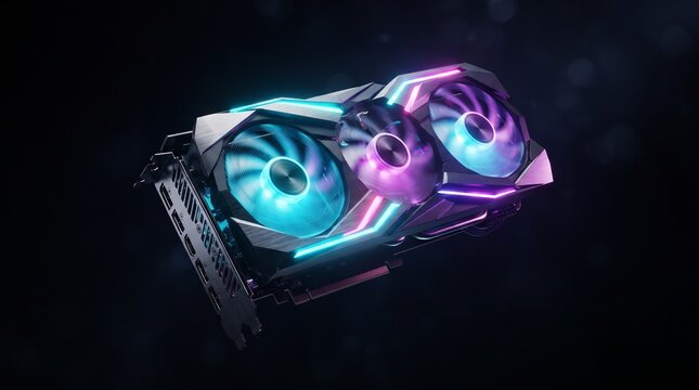 High-end gaming graphics card with RGB lighting on black background