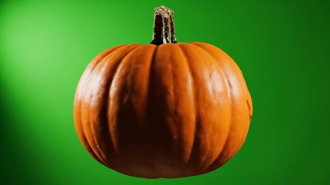 Low-angle view of carved pumpkin on green background
