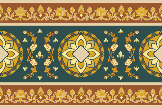 Traditional Thai ornamental seamless border pattern featuring lotus flowers, Kanok motifs and decorative medallions in elegant gold and green. Ideal for textile, wallpaper, packaging and luxury 