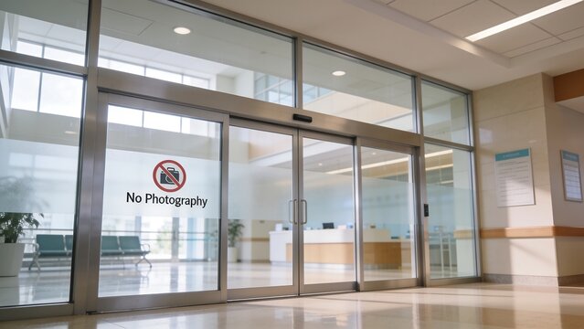 Generative AI depicts an empty hospital waiting area with glass doors