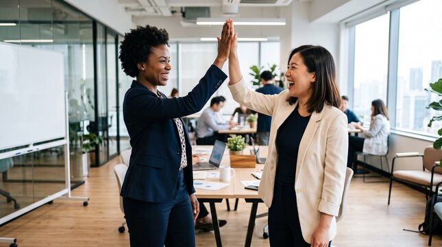 Businesswoman high five office teamwork success colleague meeting workplace partnership celebration