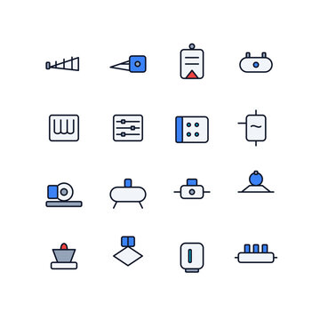 Premium flat vector icon collection of steam turbines, boilers, heat exchangers, pumps, valves, tanks, burners for thermal energy systems, industrial engineering, power generation applications.