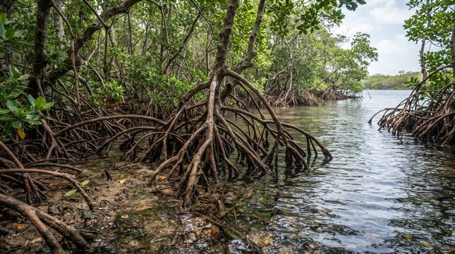 Tropical mangrove forest with tangled prop roots, coastal ecosystem landscape, lush green swamp trees by calm water