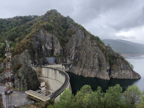 Scenic view of Vidraru Dam and lake on the Transfagarasan highway in Fagaras Mountains, Romania