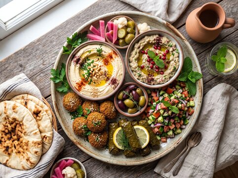 Healthy Mediterranean Lunch Platter with Hummus Tabbouleh Fresh Salad Vegetables Olives and Pita