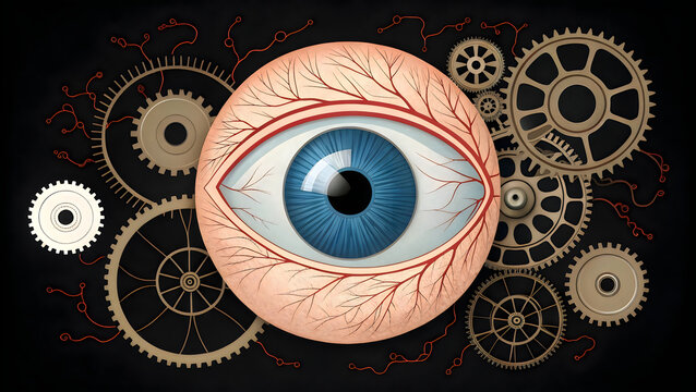 The fusion of human eye and mechanical gears symbolizing advanced technology and vision