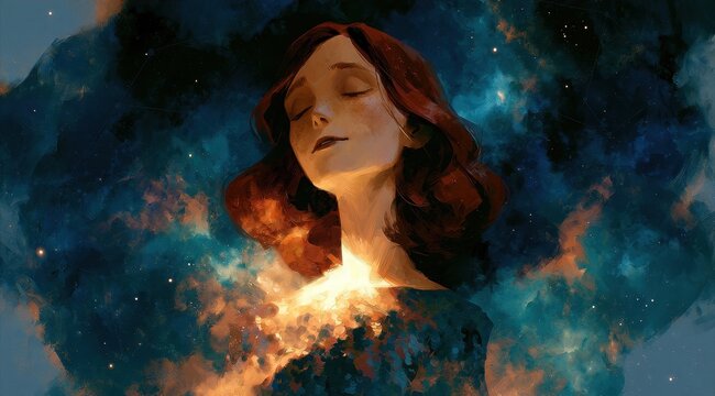 Serene woman with closed eyes surrounded by cosmic nebula and glowing embers