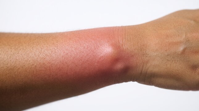 Close-up of a swollen, red, and inflamed area on a human arm, indicating cellulitis, an abscess, or severe insect sting.