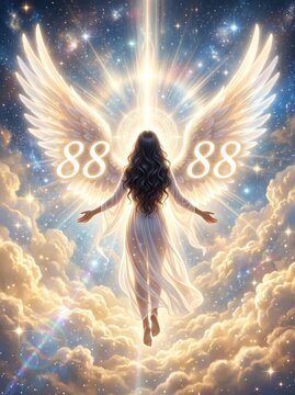 A serene angelic figure gliding effortlessly through soft luminous clouds and radiant light