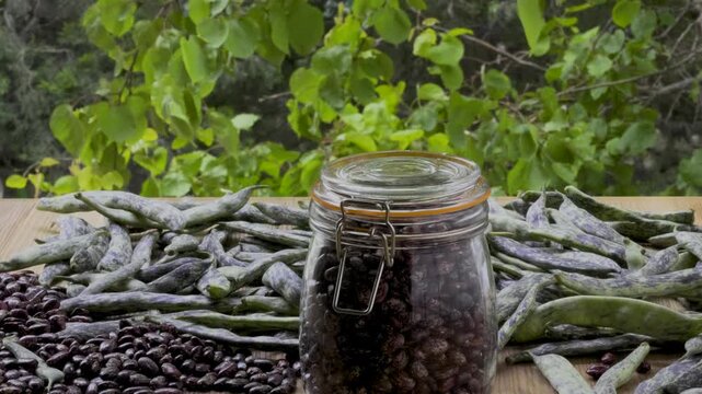 Static shot of pinto beans and jar with waving leaves background, 4K
