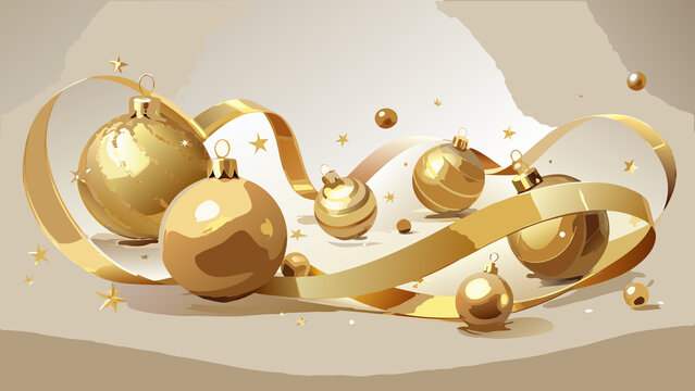 Christmas Decoration with Golden Stars and Wooden Ornaments on White and Gold Background for Festive Holiday Design