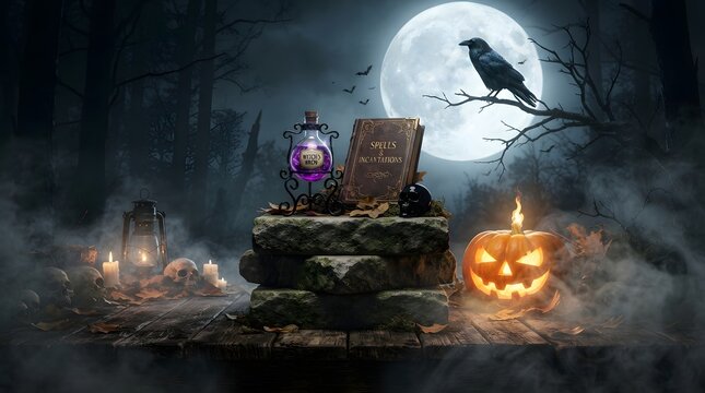 Witchcraft altar with spellbook potion and pumpkin under full moon