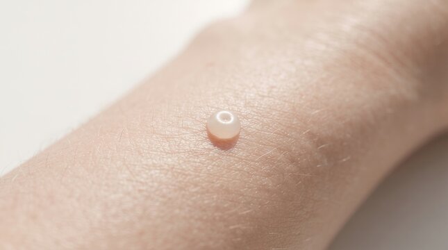 Close-up of a clear fluid-filled blister or wart on human skin, dermatological skin condition.