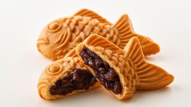 Taiyaki fishshaped cakes with red bean filling isolated on white background