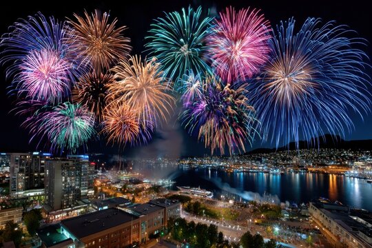 Fireworks Light Up Night Sky Over City Harbor