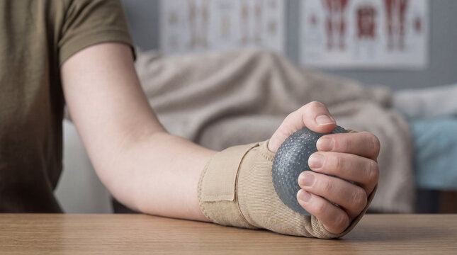 Wrist hand bandage grip therapy exercise injury rehabilitation ball arm wrapped wrist holding therapy ball during physical recovery at clinic with calm focused posture