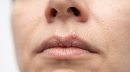 Fototapeta premium Close up view of a single early stage cold sore herpes labialis blister on upper lip