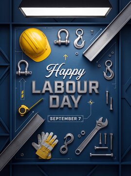 Labor day celebration construction tools blue background design with construction equipment with flat lay construction