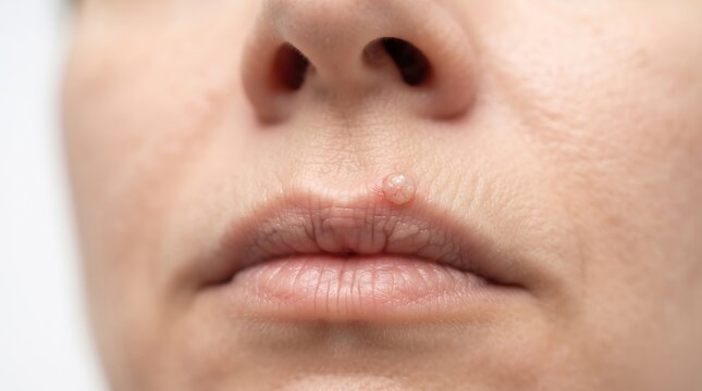Close up view of a single early stage cold sore herpes labialis blister on upper lip