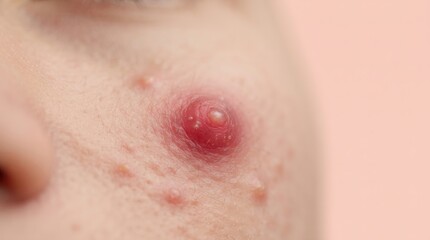 Fototapeta premium Extreme close-up of a large inflamed cystic acne pimple with a whitehead on a person's cheek.